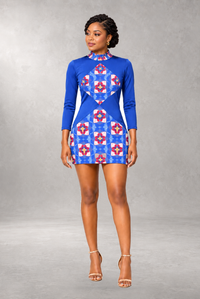 Nanny Long-Sleeve Print Dress — Blue — ALLEON Fashion