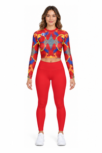 ALLEON Print Long Sleeve Top Red mit einfarbig roten Leggings